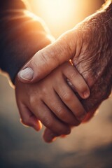 Fototapeta premium Elderly caucasian male hand holding young child hand in warm sunlight