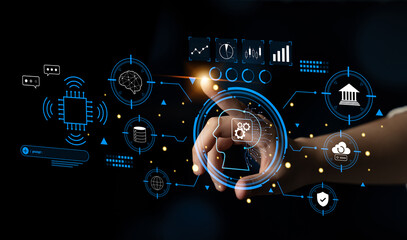 An advanced AI system for business and financial analysis. A futuristic interface for commanding an AI to process data from various domains. Motif