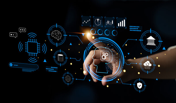 An advanced AI system for business and financial analysis. A futuristic interface for commanding an AI to process data from various domains. Motif - Powered by Adobe