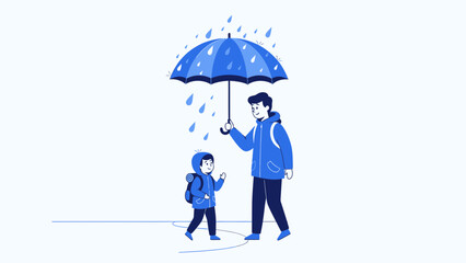 Fototapeta premium Father Protects His Son With Umbrella Walking In The Rain Together