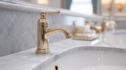 Modern Bathroom Vanity with Gold Fixtures and Marble Countertop, Luxury Interior Design Detail