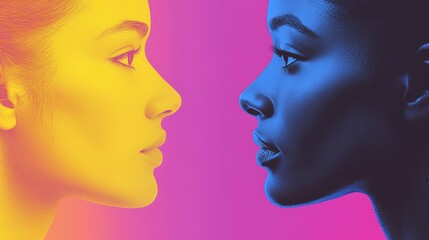 Fototapeta premium Split Portrait: Dual Tone Male and Female Faces, Contrasting Colors, Abstract Art, Conceptual Imagery, Creative Studio Shot
