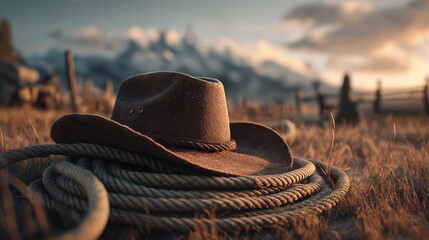 A rugged cowboy hat rests atop coiled rope, set against a backdrop of golden grass and distant mountains, capturing the spirit of the American West.