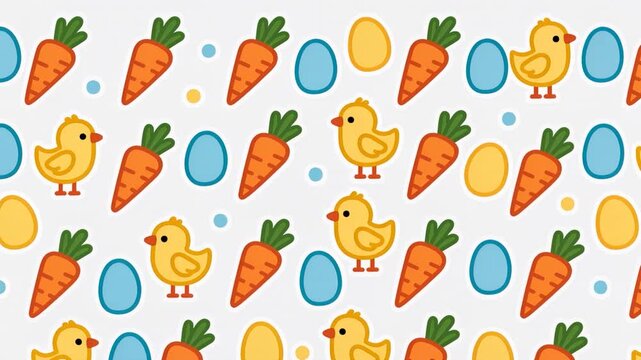 A seamless Easter-themed background with colorful stickers of chicks carrots and eggs on a white surface - perfect for kids designs print templates and spring party decorations