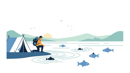 Fototapeta premium Fisherman Relaxing In Nature By Tent With Lake View And Mountain Landscape