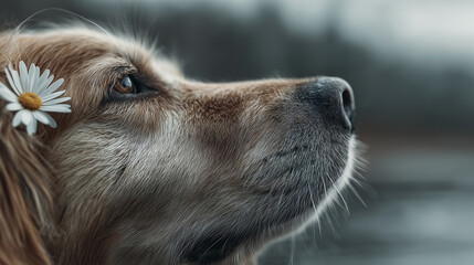 Fototapeta premium A close-up of a golden retriever with a delicate daisy tucked behind its ear, capturing a serene and thoughtful expression against a soft, blurred background.