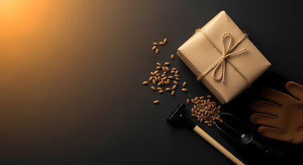 Gift wrapped in brown paper with gardening tools and seeds