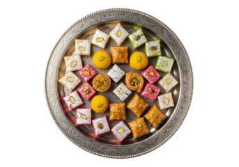 colorful indian mithai assortment on ornate silver platter