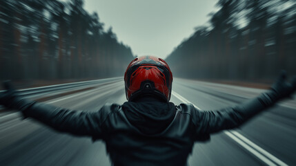 A motorcyclist with arms outstretched rides down a misty road, capturing the thrill of freedom and speed amidst a blurred landscape.
