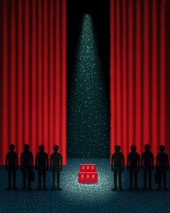 Dramatic Scene of Silhouetted Figures Before Red Curtains and Spotlight