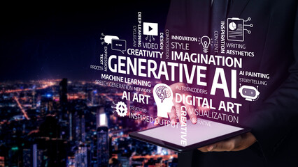A captivating visual representation illustrating generative AI concepts, showcasing creativity, innovation, and inspiration in the realm of digital art and technology against an urban skyline. Tessel