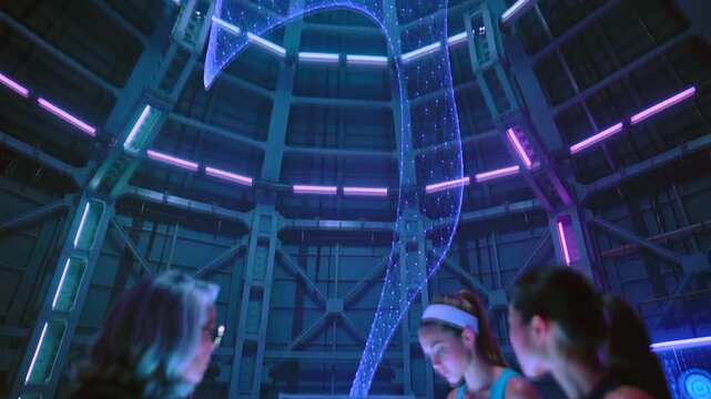 Futuristic sports hub, Hightech athlete interaction space, Advanced environment for athlete hologram collaboration, Modern setting enabling sportspeople to connect through holograms and interactive sc