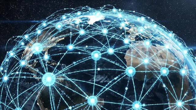 Global Network Connectivity Concept - A digital representation of Earth from space, showcasing a network of interconnected points with bright lines symbolizing global connectivity and communication.