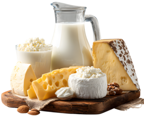 An assortment of dairy products, showcasing fresh milk, various cheeses, and creamy cottage cheese