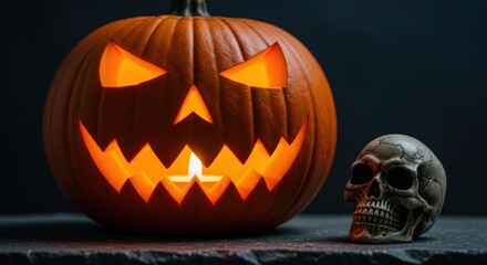 Lit jack-o'-lantern beside skull