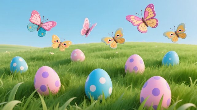 A children&rsquo;s animated Easter background with cartoon butterflies and decorated eggs in green grass on a bright spring day - use in kids media animations and party visuals