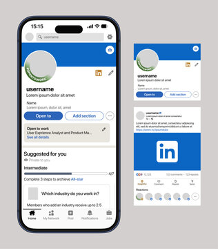 LinkedIn Mobile App UI Mockup Showing Profile Page Blue Header Post Feed Open To Button Add Section Reactions Like Comment Repost Share Navigation Bar and Professional Network Interface