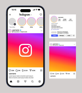 Instagram Mobile App UI Mockup Showing Gradient Post Feed Stories Circles Profile Card Follower Counts Like Comment Share Save Icons Smartphone Social Media Interface
