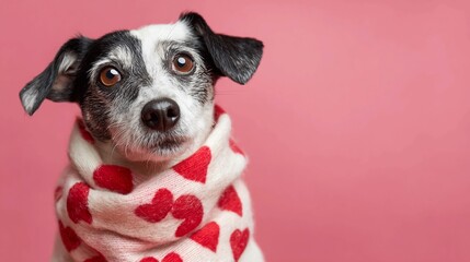 Adorable dog in heart patterned scarf on pink background for Valentine's Day