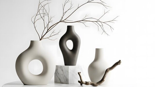 Modern decorative vases and branches on a white background ceramic sculpture
