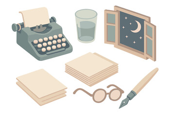 Vintage Writer's Night. Isometric vector illustration set Vintage Writer Night: typewriter keys like moon craters, glass of water,