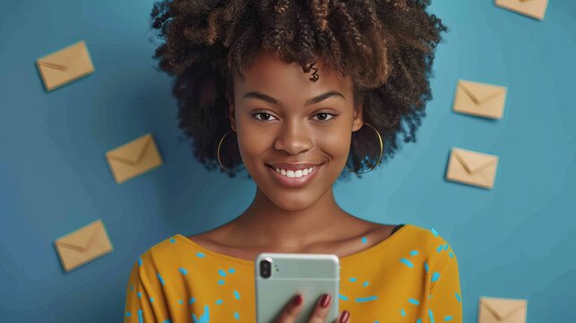 Woman checking email notifications on smartphone with envelope icons on a blue background. - Powered by Adobe