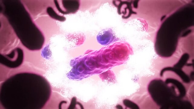 Microscopic View Of Vibrant Purple And Pink Bacteria Cells Swirling In A Soft Pink Illuminated Fluid And Surrounding
