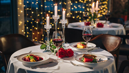 Elegant dining table set with gourmet dishes wine glasses and romantic candlelight for a special occasion celebration