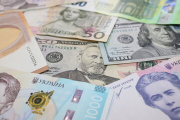 Mixed Banknotes of Hryvnia, Dollar and Euro, International Currency Cash, Financial Concept