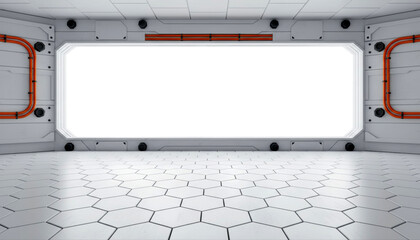 White Sci Fi Room With Orange Pipes. Clean laboratory interior features hexagon floor and mechanical walls with industrial cabling.