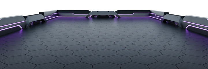 Futuristic Hexagon Platform With Purple Neon. Dark carbon surface features honeycomb pattern and mechanical barriers with violet glowing lines.