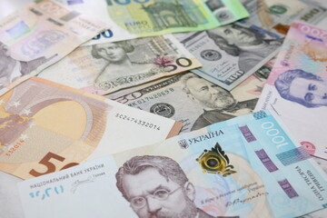 Mixed Banknotes of Hryvnia, Dollar and Euro, International Currency Cash, Financial Concept