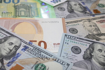 Mixed Banknotes of Hryvnia, Dollar and Euro, International Currency Cash, Financial Concept