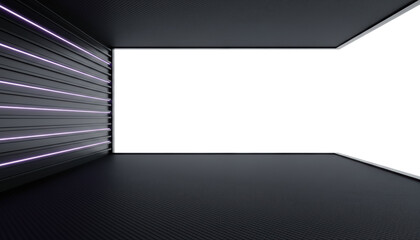 Dark Carbon Room With Purple Neon Wall. Sleek black interior features horizontal violet lights and textured floor leading to white void.