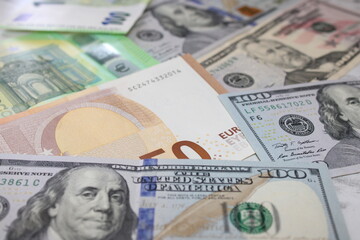 Mixed Banknotes of Hryvnia, Dollar and Euro, International Currency Cash, Financial Concept