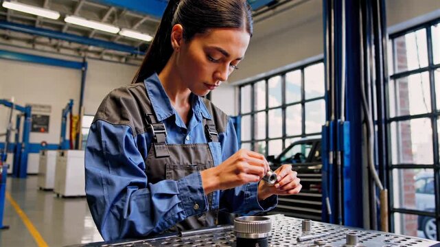 Engine part assembly in progress, Technician focuses on precision during engine assembly process, Female technician meticulously assembles engine parts within welllit service bay environment
