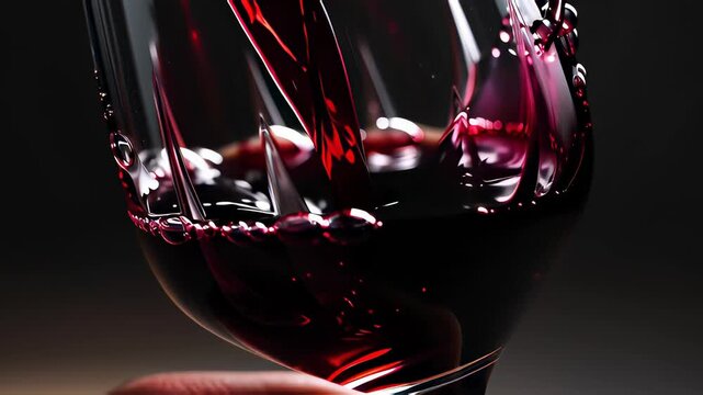 Cinematic red wine pouring into a crystal glass, capturing swirling liquid texture and bubbles in macro slow motion, ideal for luxury dining and sommelier concepts