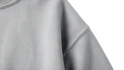 Close up of gray knitted fabric texture on a sweater sleeve, detailed textile surface macro shot isolated on transparent background