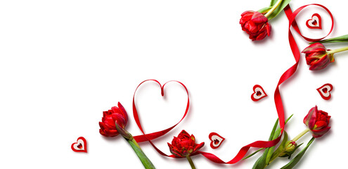 Romantic Red Tulip Arrangement with Heart and Ribbon Accents on White Background