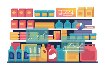 Shelves stocked with products and displaying graphs and charts of data analysis.