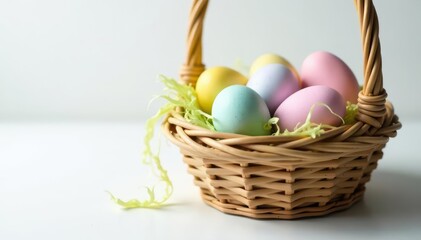 Pastel eggs nestled in a woven Easter basket on white , pastel, painted eggs, background