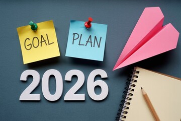 Strategic Business Goal and Plan for 2026 New Year Success with Sticky Notes, Pink Paper Plane, and Spiral Notebook for Corporate Vision