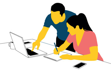 Two people collaborating on a task, one pointing at a laptop while the other writes.