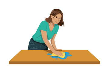 A person is cleaning a wooden table surface with a sponge and cleaning liquid.