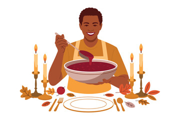 A smiling man serves soup from a bowl at a table set for a meal with candles and autumn leaves.