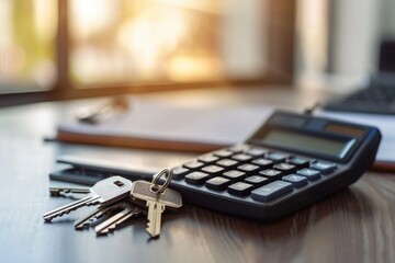 Calculator and keys on office desk for financial planning and real estate