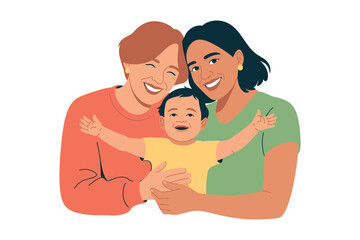 Two women embrace a happy baby with outstretched arms, representing family and love.