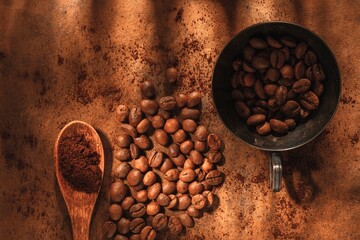 Food background- roasted coffee beans. Still life- dark food photography. Chiaroscuro- dark style