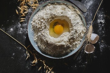 Still life of homemade food- flour and a chicken egg for making dough. Dark background on the kitchen table