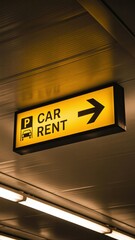 Illuminated Yellow Car Rent Directional Sign with Arrow at International Airport Terminal for Transportation Services and Travel Logistics